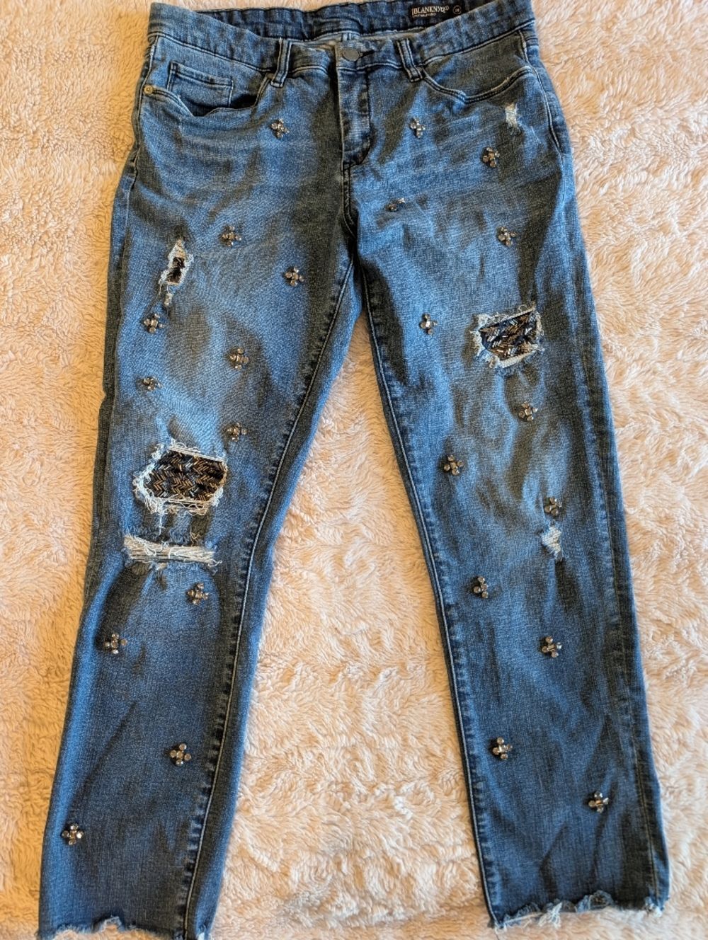 Blank NYC Distressed Embellished Beaded Blue Girlfriend Crop Jeans